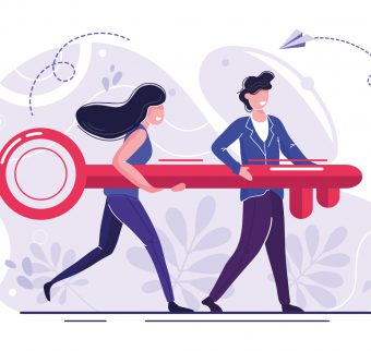 Illustration of two colleagues carrying a key