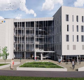 A rendering of the exterior of the new dental school