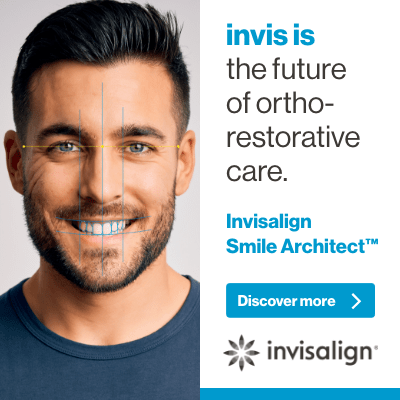 Advert: A picture of a handsome smiling man with grid marks displayed over his face and teeth next to the words invis is the future of ortho-restorative care. Invisalign Smile Architect. Discover more (click here).