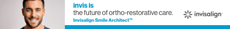 Advert: A picture of a handsome smiling man with grid marks displayed over his face and teeth next to the words invis is the future of ortho-restorative care. Invisalign Smile Architect. Discover more (click here).