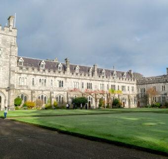 View of the "Long Hall" and the clock tower of the University College Cork quadrangle.