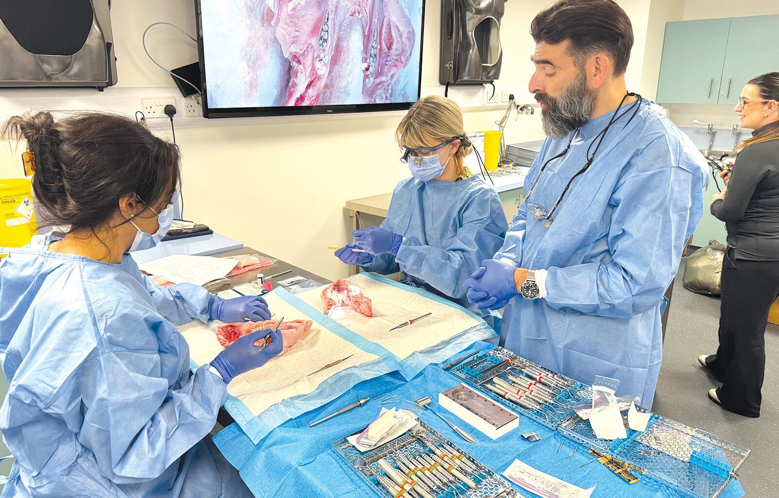 Dr Ali explains a proceedure to two students sitting at a table covered with dental equipment.