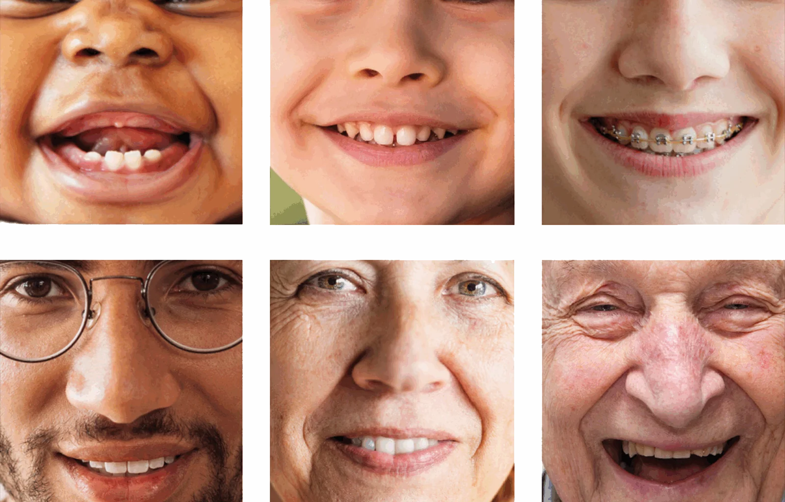 Six close up portraits of people ranging from an infant to an elderly man.