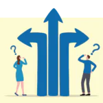 A man and woman look up at three large directional arrows.