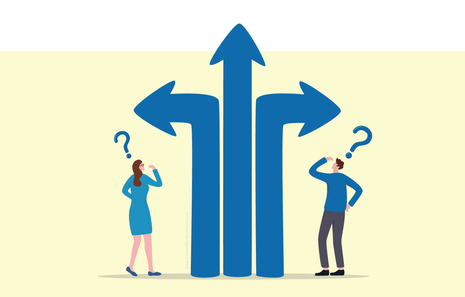 A man and woman look up at three large directional arrows.